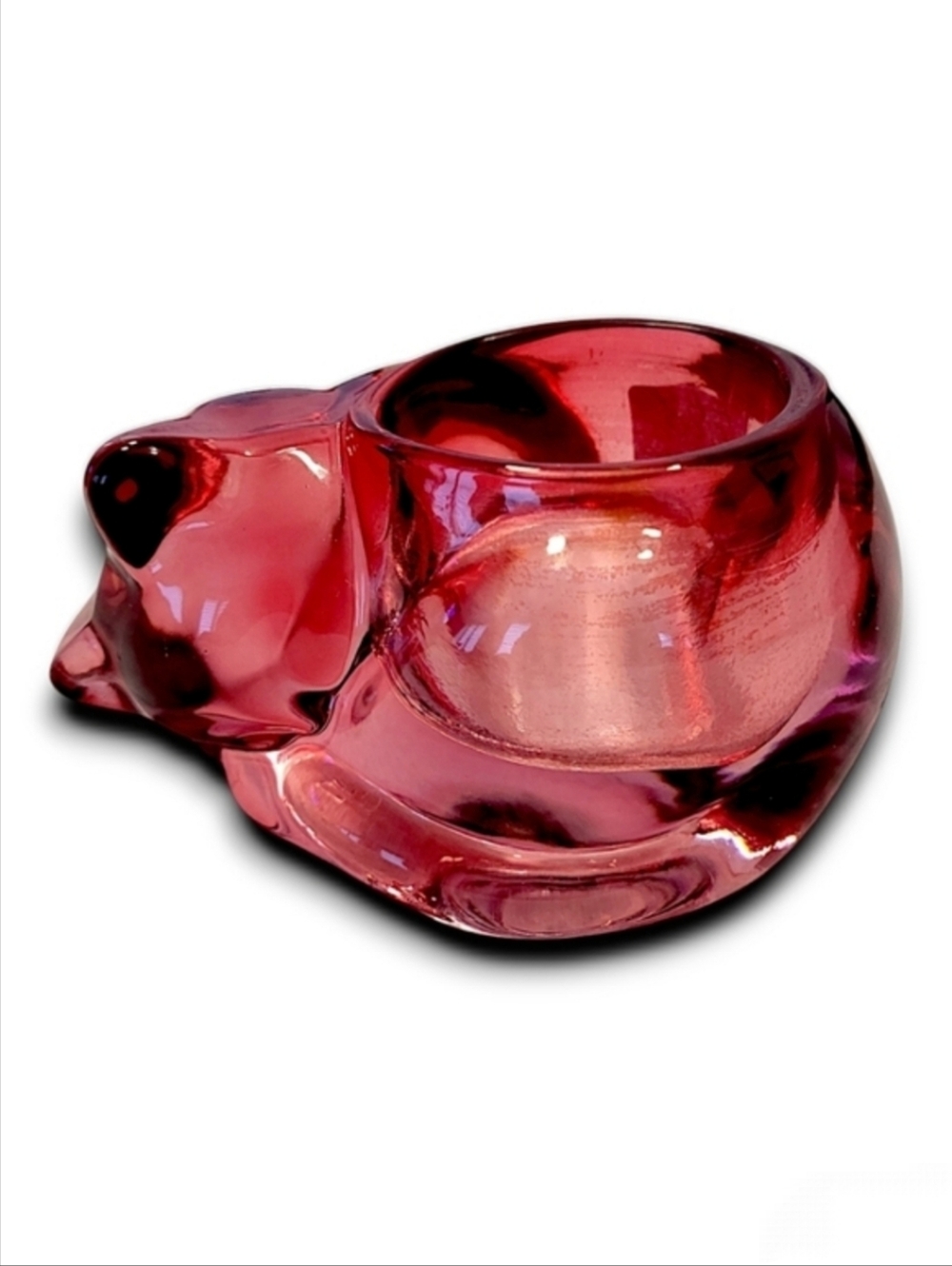 Vintage Cranberry Glass Cat Votive Holder Indiana Glass Sleeping Kitty